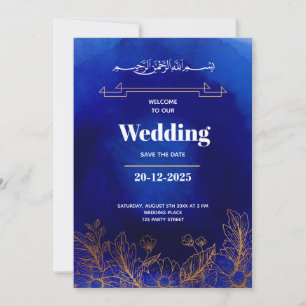 Royal Blue Roses Gold Lace QR Code Muslim Wedding Invitation