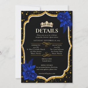 Royal Blue Roses Gold Quinceañera Details Card