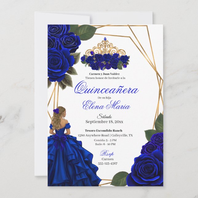 Royal Blue Roses Gold Quinceañera  Invitation (Front)