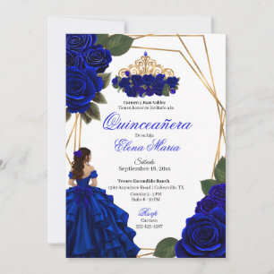 Royal Blue Roses Gold Quinceañera  Invitation