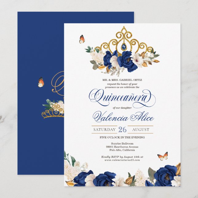 Royal Blue Roses Gold Tiara Butterfly Quinceañera Invitation (Front/Back)
