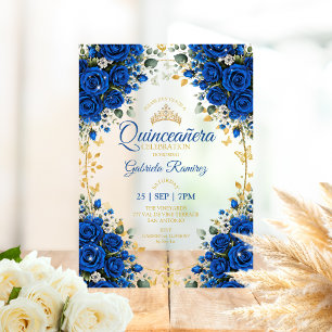 Royal Blue Roses Quinceañera Golden Butterflies Acrylic Invitations