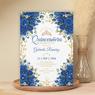Royal Blue Roses Quinceañera Golden Butterflies  Invitation