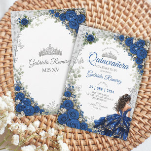 Royal Blue Roses Quinceañera Silver Butterflies Invitation