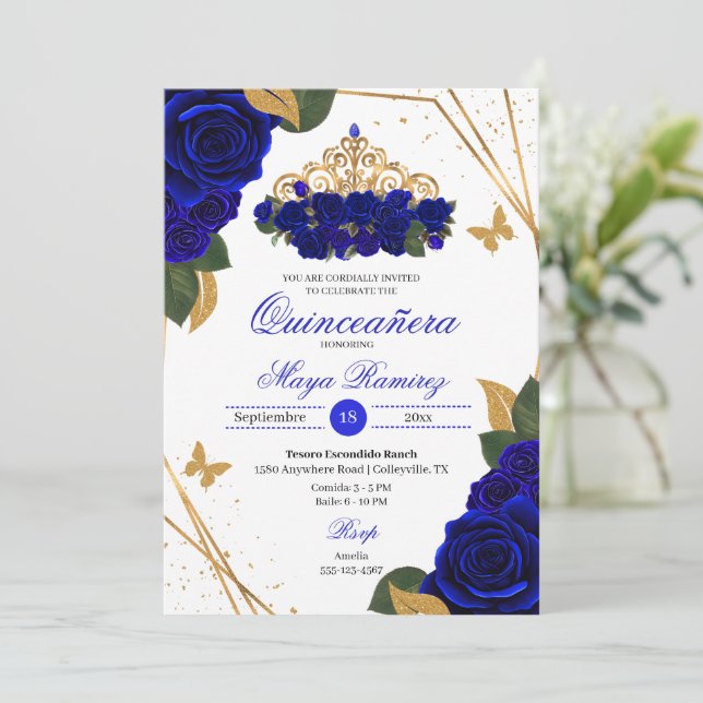 Royal Blue Roses Tiara Gold Glitter Quinceañera  Invitation (Standing Front)