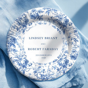 Royal Blue Roses Toile Wedding Paper Plates