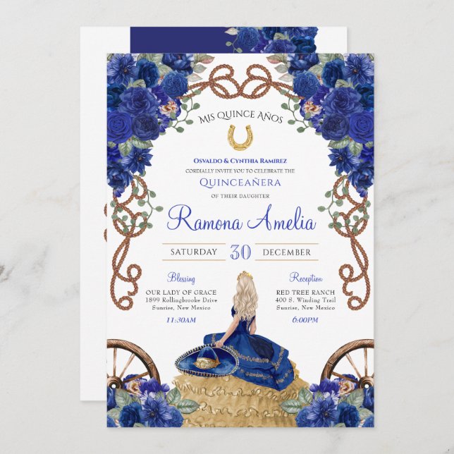 Royal Blue Roses Western Charra Quinceañera  Invitation (Front/Back)