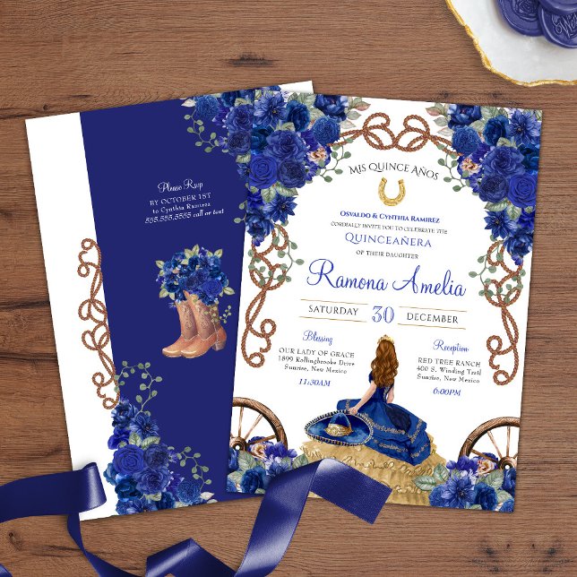 Royal Blue Roses Western Charro Quinceanera  Invitation (Creator Uploaded)