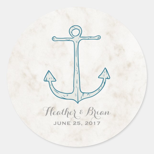Royal Blue Rustic Anchor Wedding Classic Round Sticker (Front)