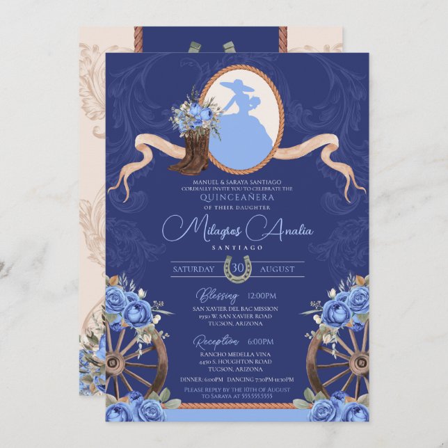 Royal Blue Rustic Baroque Charro Quinceanera Invitation (Front/Back)
