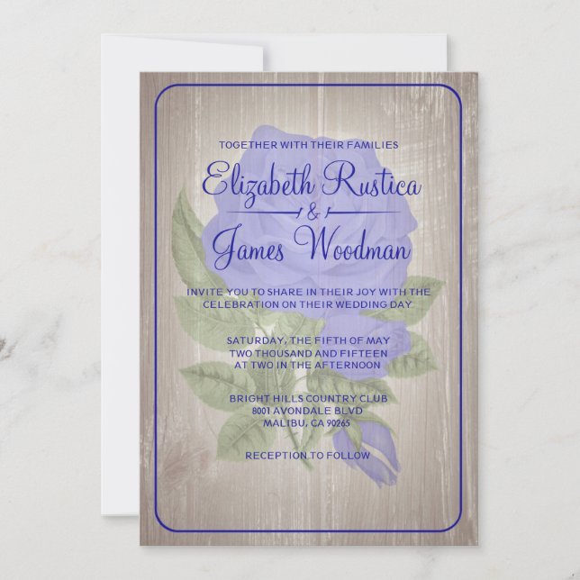 Royal Blue Rustic Floral Wedding Invitations (Front)