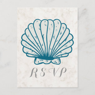 Royal Blue Rustic Seashell Wedding RSVP Postcard