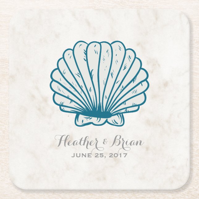 Royal Blue Rustic Seashell Wedding Square Paper Coaster (Front)