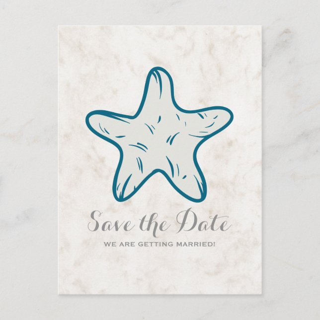 Royal Blue Rustic Starfish Save the Date Postcard (Front)