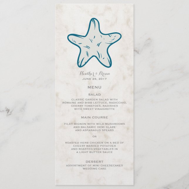 Royal Blue Rustic Starfish Wedding Menu (Front)