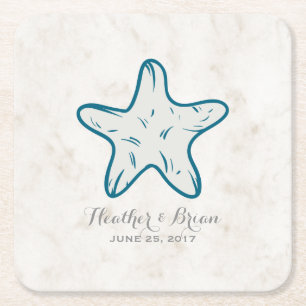 Royal Blue Rustic Starfish Wedding Square Paper Coaster
