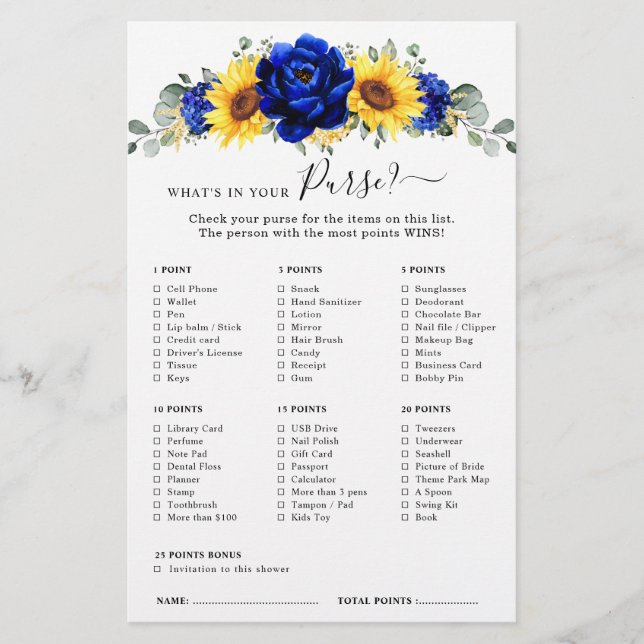 Royal Blue Rustic Sunflower Bridal Shower Game (Front)