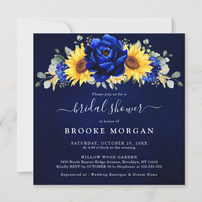 Royal Blue Rustic Sunflower Modern Bridal Shower I Invitation (Front)