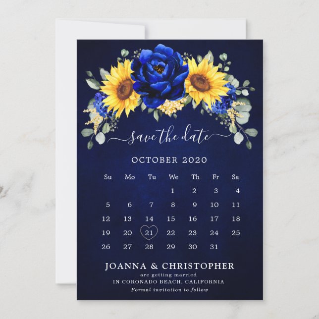 Royal Blue Rustic Sunflower Modern Floral calendar Save The Date (Front)