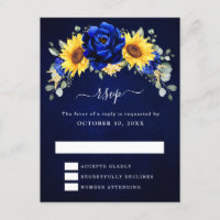 Royal Blue Rustic Sunflower Modern Floral RSVP Pos