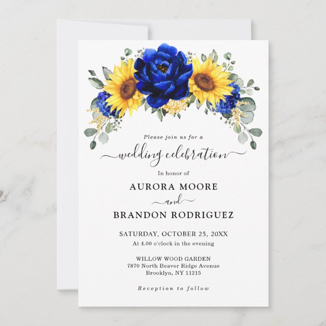 Royal Blue Rustic Sunflower Modern Floral Wedding Invitation (Front)