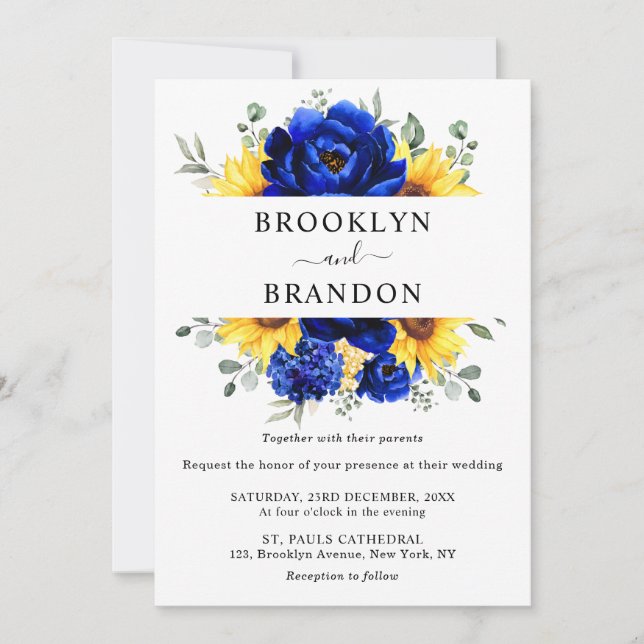 Royal Blue Rustic Sunflower Modern Floral Wedding  Invitation (Front)