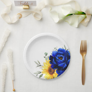 Royal Blue Rustic Sunflower Modern Floral Wedding  Paper Plate