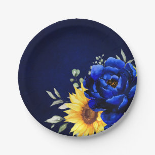 Royal Blue Rustic Sunflower Modern Floral Wedding  Paper Plate