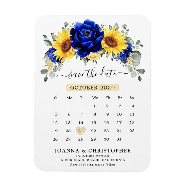 Royal Blue Rustic Sunflower Modern  Save the Date Magnet (Vertical)