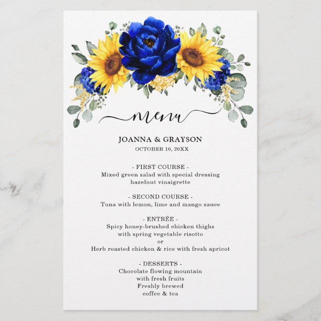 Royal Blue Rustic Sunflower Modern Wedding Menu (Front)