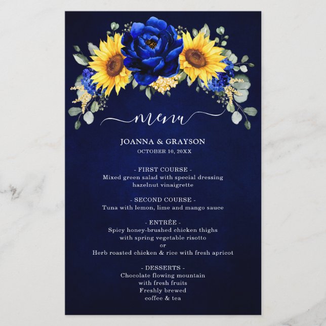 Royal Blue Rustic Sunflower Modern Wedding Menu (Front)