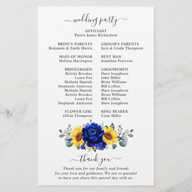 Royal Blue Rustic Sunflower Modern Wedding Program (Back)