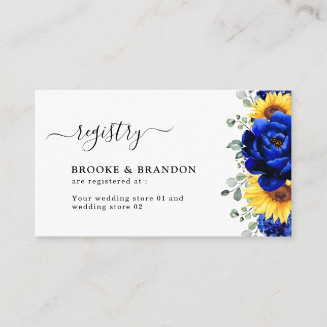Royal Blue Rustic Sunflower Wedding Registry Enclosure Card (Front)