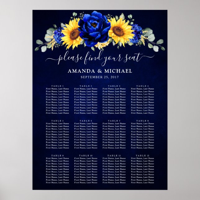 Royal Blue Rustic Sunflower Wedding Seating Chart (Front)