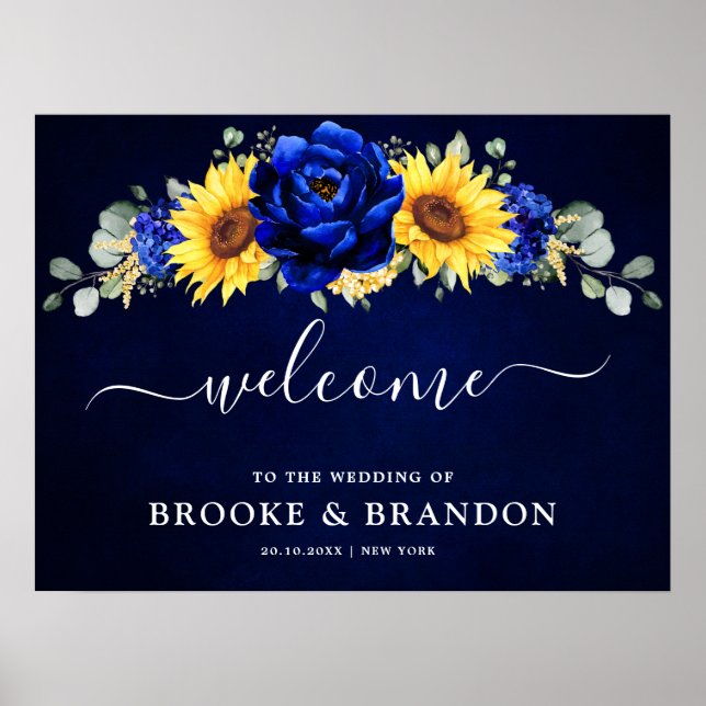 Royal Blue Rustic Sunflower Wedding Welcome Poster (Front)