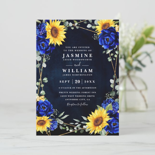 Royal Blue Rustic Sunflowers Chic QR Code Wedding Invitation (Standing Front)