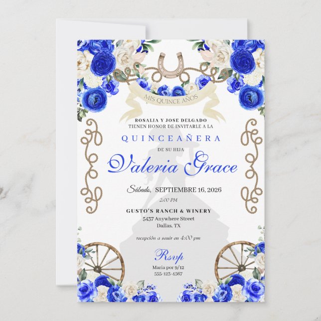 Royal Blue Rustic Western Charro Woman Quinceañera Invitation (Front)