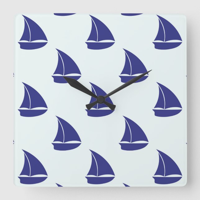 Royal Blue Sailboat Pattern Square Wall Clock (Front)