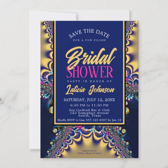 Royal Blue Satin Gold Lace Bridal Shower Invitation (Front)