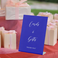 Royal blue script cards gifts sign