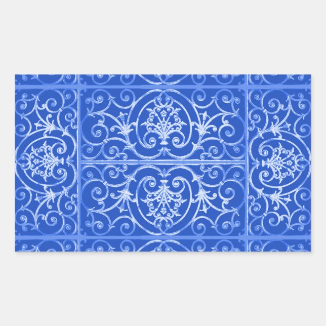 Royal blue scrollwork pattern rectangular sticker (Front)