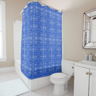 Royal blue scrollwork pattern shower curtain