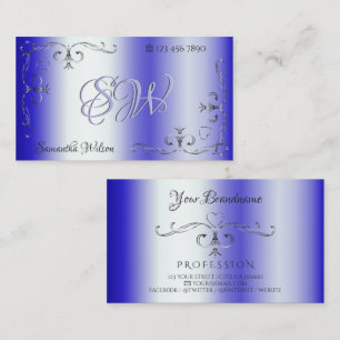 Royal Blue Shimmery Ornate Corner Border Initials Business Card