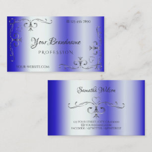 Royal Blue Shimmery Silver Ornate Corner Border Business Card