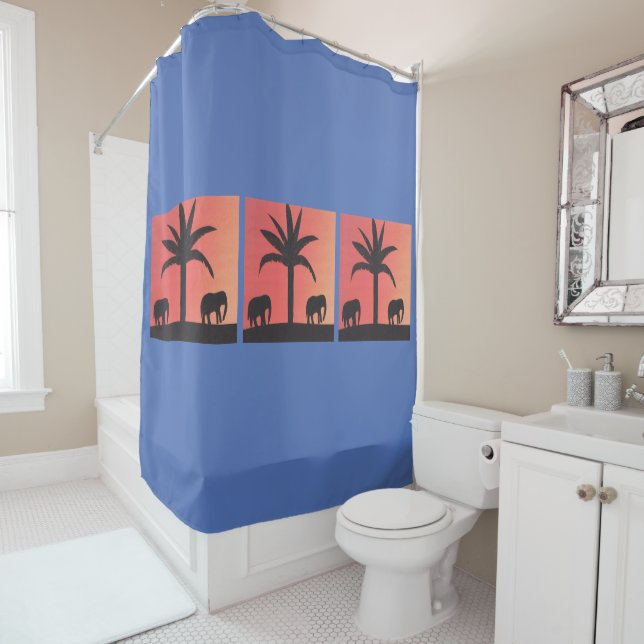 Royal Blue Shower Curtain with Elephant Scene (In Situ)