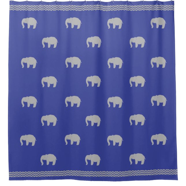 Royal Blue Shower Curtain with Graphic Elephants (Front)
