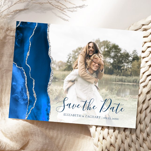 Royal Blue Silver Agate Custom Photo Save the Date Postcard (Creator Uploaded)