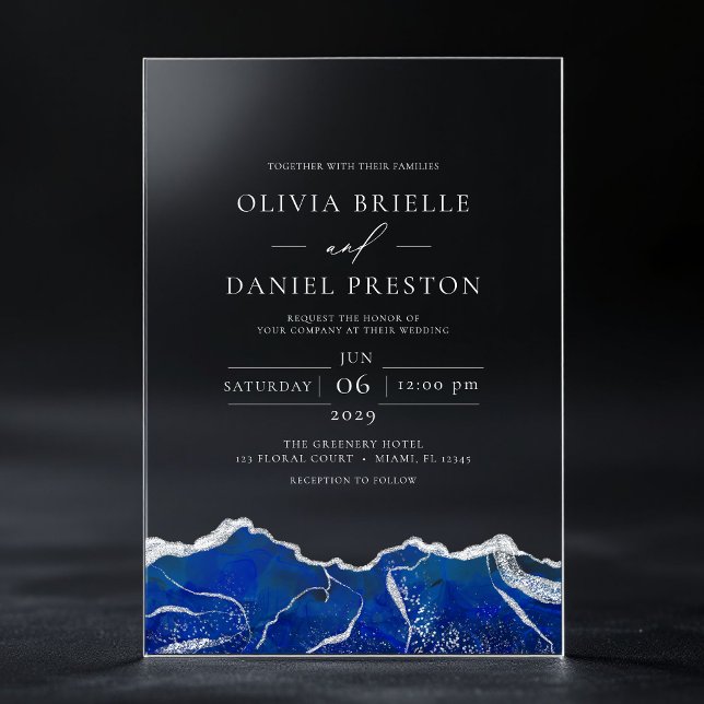 Royal Blue Silver Agate Elegant Modern Wedding Acrylic Invitations (Creator Uploaded)