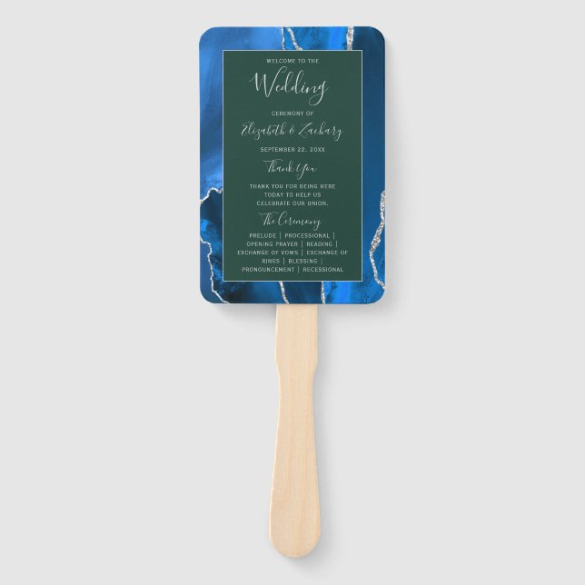 Royal Blue Silver Agate Green Wedding Program Hand Fan (Front)
