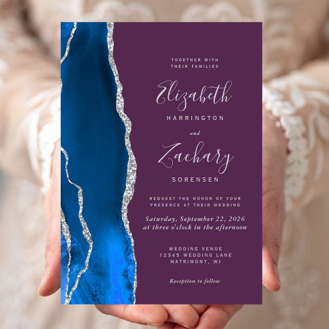 Royal Blue Silver Agate Plum Wedding Invitation (Creator Uploaded)